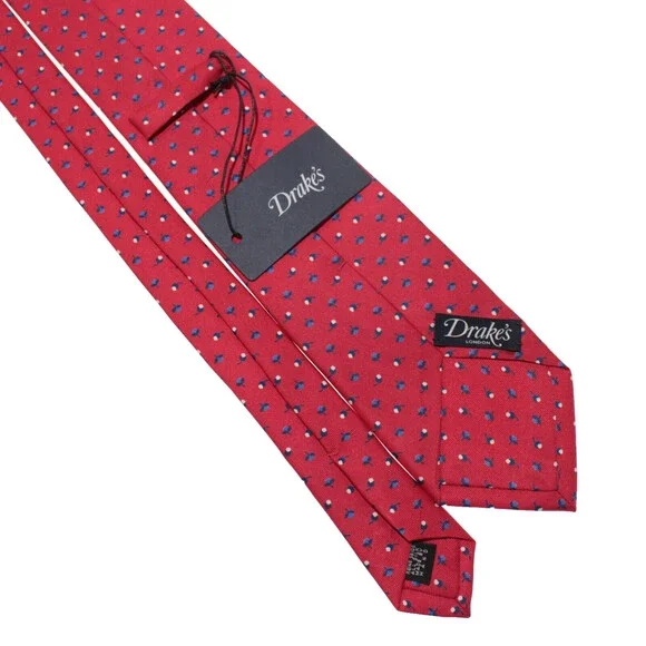 Drake's NWT Neck Tie in Red with Navy/Light Blue & White Floral Print 100% Silk